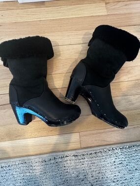 No. 6 Black Faux Fur Cuffed Mid-Heel Boots